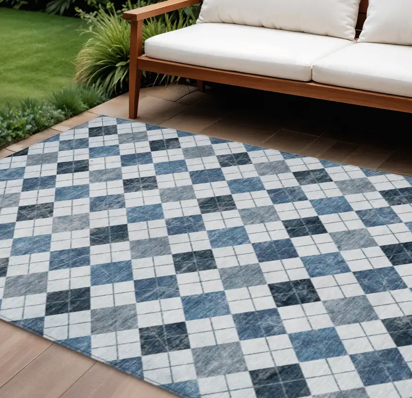 Blue And Ivory Geometric Washable Indoor Outdoor Area Rug Photo 1