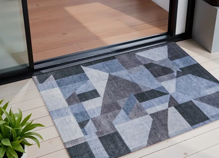 Blue And Ivory Geometric Washable Indoor Outdoor Area Rug Photo 1