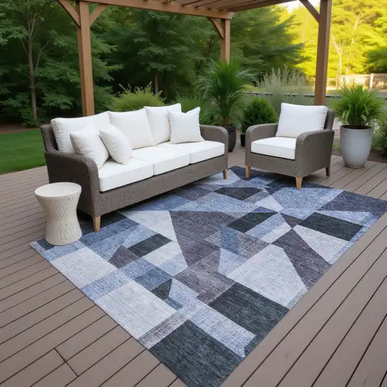 Blue And Ivory Geometric Washable Indoor Outdoor Area Rug Photo 7