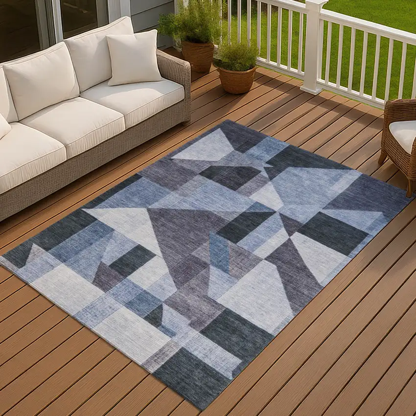 Blue And Ivory Geometric Washable Indoor Outdoor Area Rug Photo 4