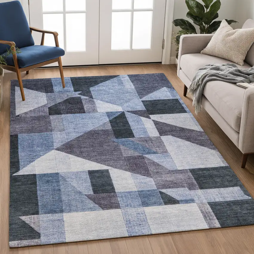 Blue And Ivory Geometric Washable Indoor Outdoor Area Rug Photo 5