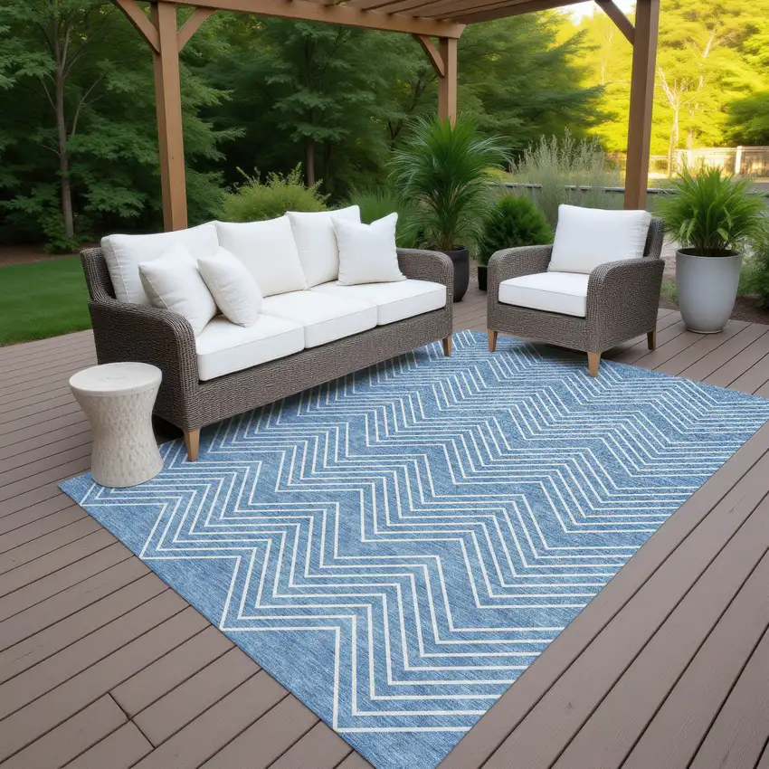 Blue And Ivory Geometric Washable Indoor Outdoor Area Rug Photo 6
