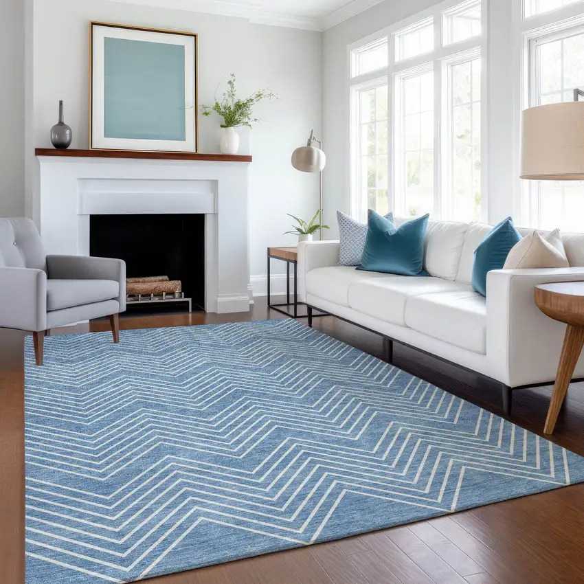 Blue And Ivory Geometric Washable Indoor Outdoor Area Rug Photo 6