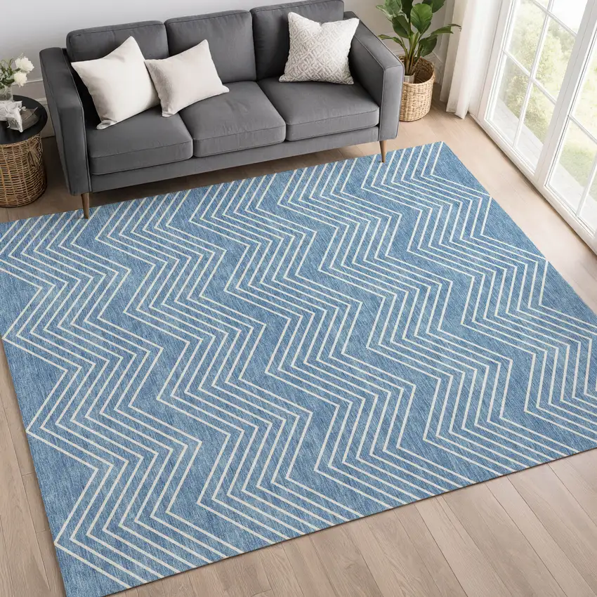 Blue And Ivory Geometric Washable Indoor Outdoor Area Rug Photo 4
