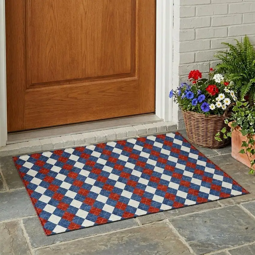 Blue And Ivory Geometric Washable Indoor Outdoor Area Rug Photo 1