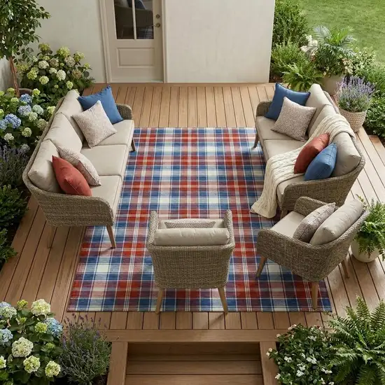 Blue And Ivory Geometric Washable Indoor Outdoor Area Rug Photo 1