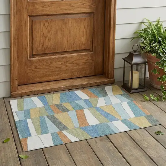 Blue And Ivory Geometric Washable Indoor Outdoor Area Rug Photo 1