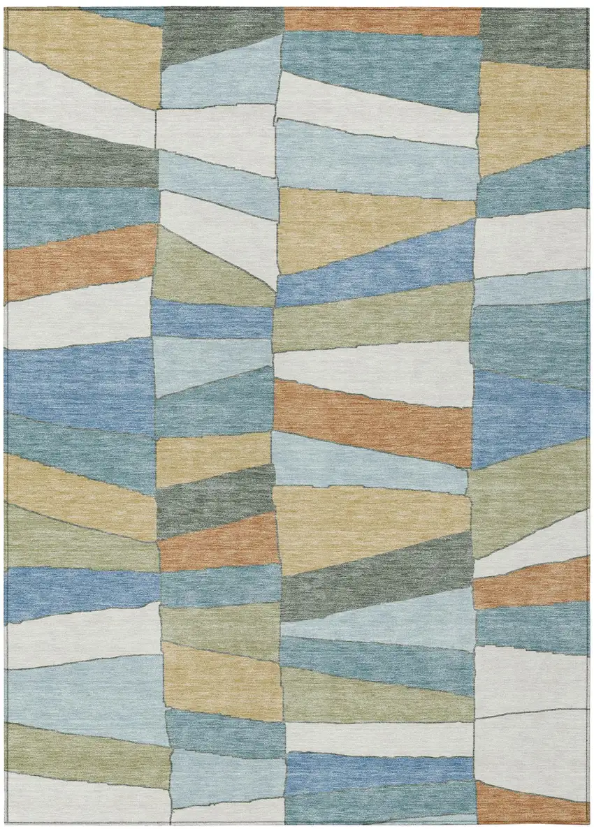 Blue And Ivory Geometric Washable Indoor Outdoor Area Rug Photo 2