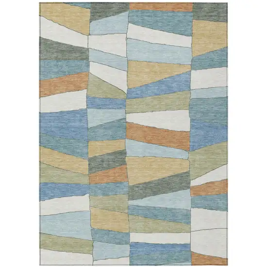 Blue And Ivory Geometric Washable Indoor Outdoor Area Rug Photo 2