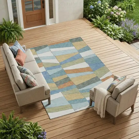 Blue And Ivory Geometric Washable Indoor Outdoor Area Rug Photo 1