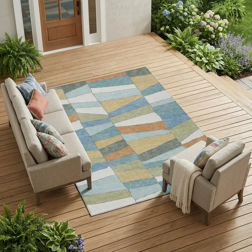 Blue And Ivory Geometric Washable Indoor Outdoor Area Rug Photo 1
