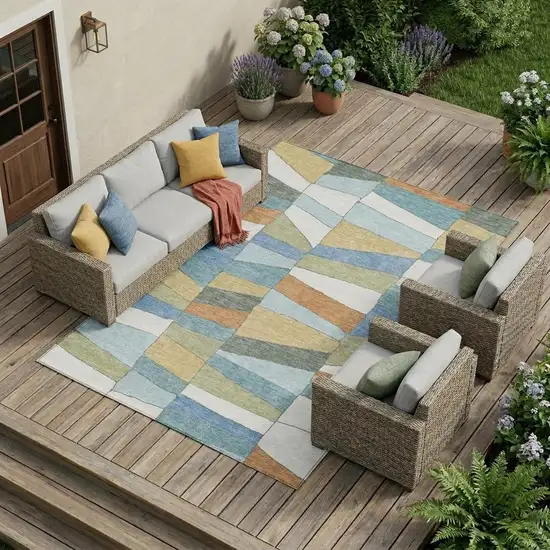 Blue And Ivory Geometric Washable Indoor Outdoor Area Rug Photo 1