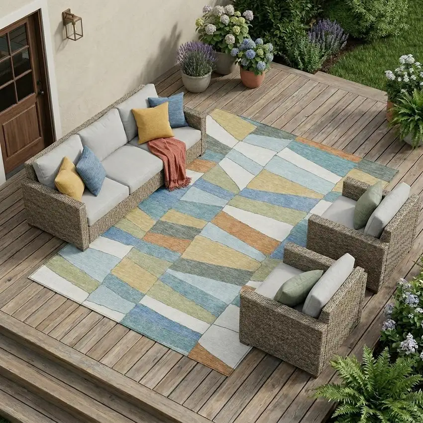 Blue And Ivory Geometric Washable Indoor Outdoor Area Rug Photo 1