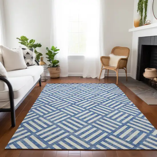 Blue And Ivory Geometric Washable Indoor Outdoor Area Rug Photo 8