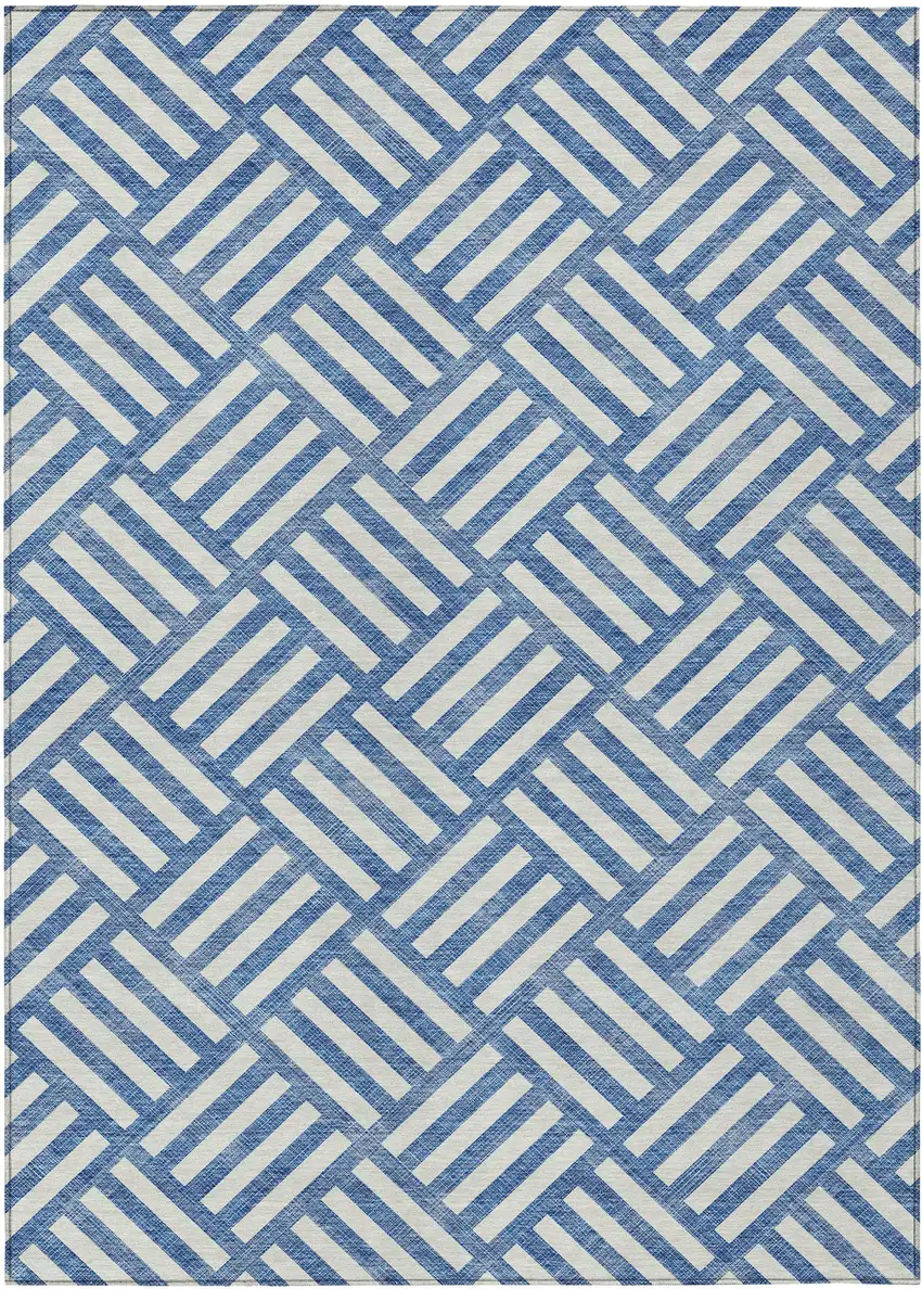 Blue And Ivory Geometric Washable Indoor Outdoor Area Rug Photo 2