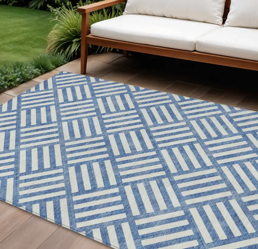 Blue And Ivory Geometric Washable Indoor Outdoor Area Rug Photo 1