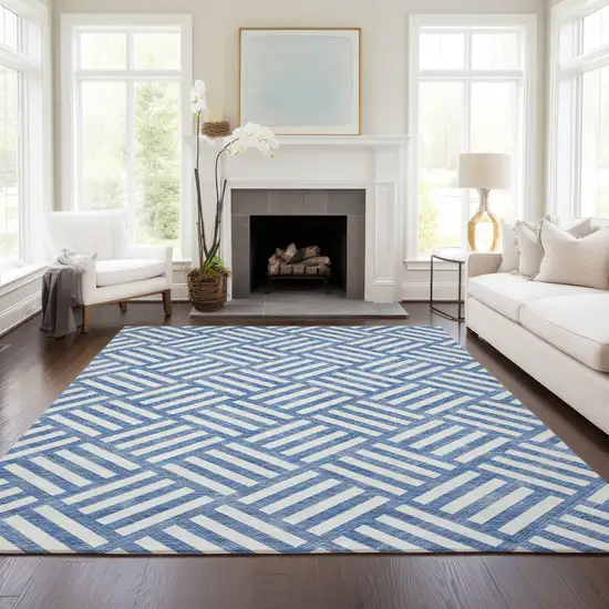 Blue And Ivory Geometric Washable Indoor Outdoor Area Rug Photo 7