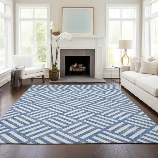 Blue And Ivory Geometric Washable Indoor Outdoor Area Rug Photo 7