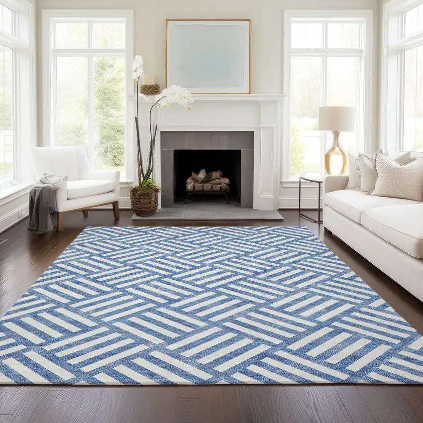 Blue And Ivory Geometric Washable Indoor Outdoor Area Rug Photo 7