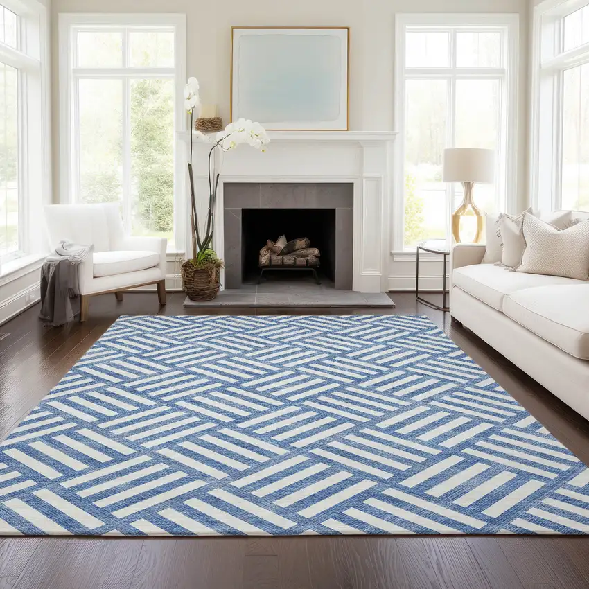 Blue And Ivory Geometric Washable Indoor Outdoor Area Rug Photo 7