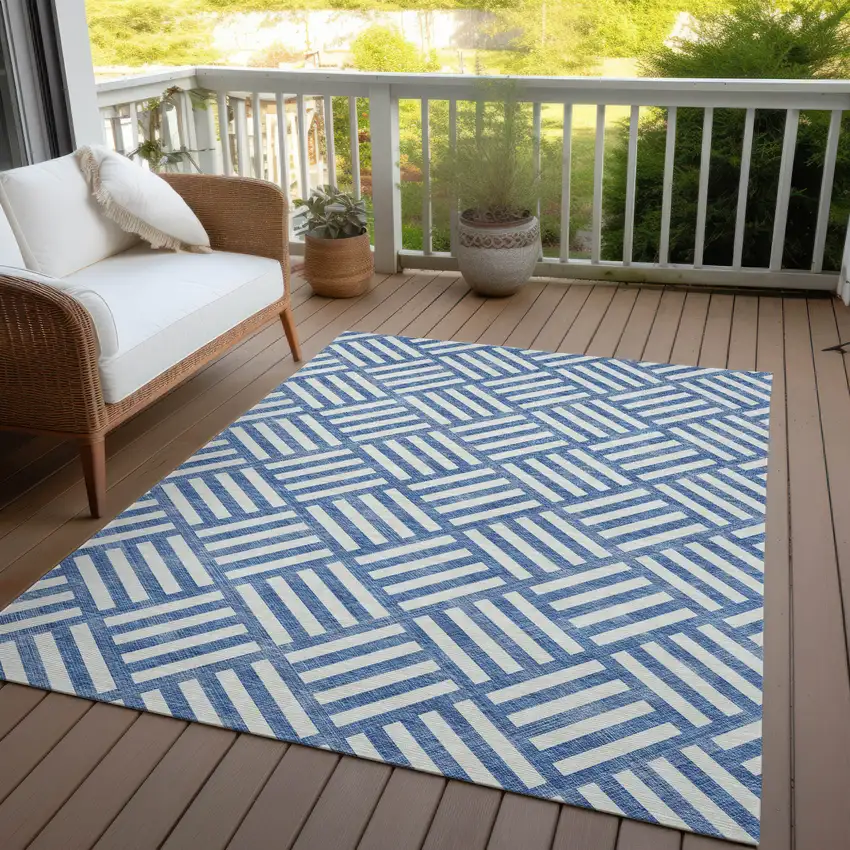 Blue And Ivory Geometric Washable Indoor Outdoor Area Rug Photo 9