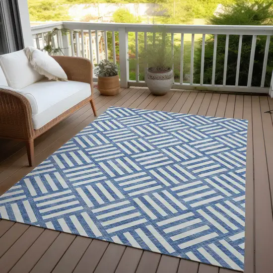 Blue And Ivory Geometric Washable Indoor Outdoor Area Rug Photo 6