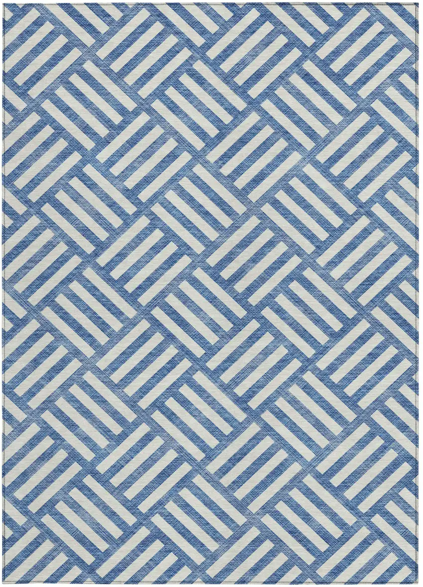 Blue And Ivory Geometric Washable Indoor Outdoor Area Rug Photo 5