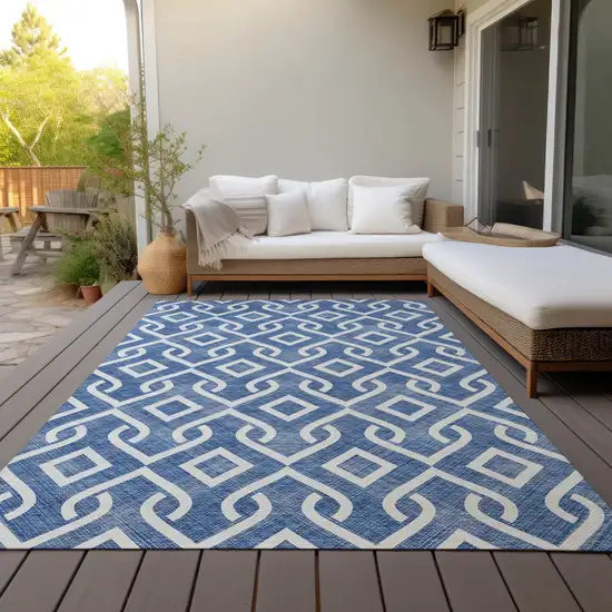 Blue And Ivory Geometric Washable Indoor Outdoor Area Rug Photo 9