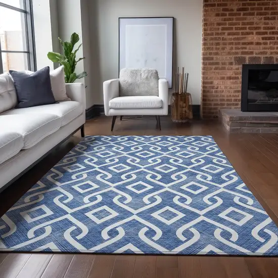 Blue And Ivory Geometric Washable Indoor Outdoor Area Rug Photo 7
