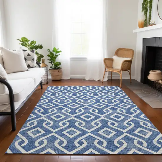 Blue And Ivory Geometric Washable Indoor Outdoor Area Rug Photo 8