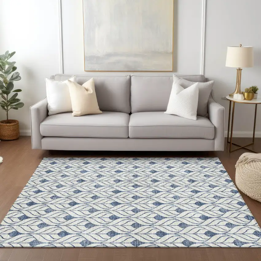 Blue And Ivory Geometric Washable Indoor Outdoor Area Rug Photo 9