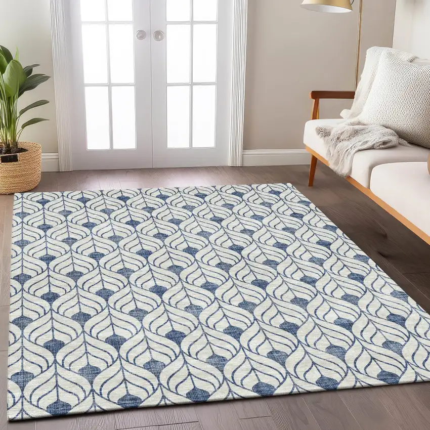 Blue And Ivory Geometric Washable Indoor Outdoor Area Rug Photo 8