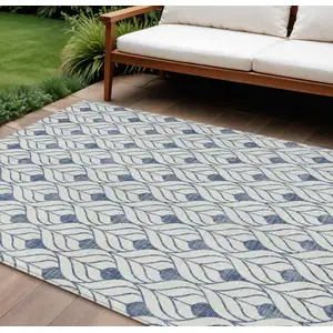 Photo of Blue And Ivory Geometric Washable Indoor Outdoor Area Rug