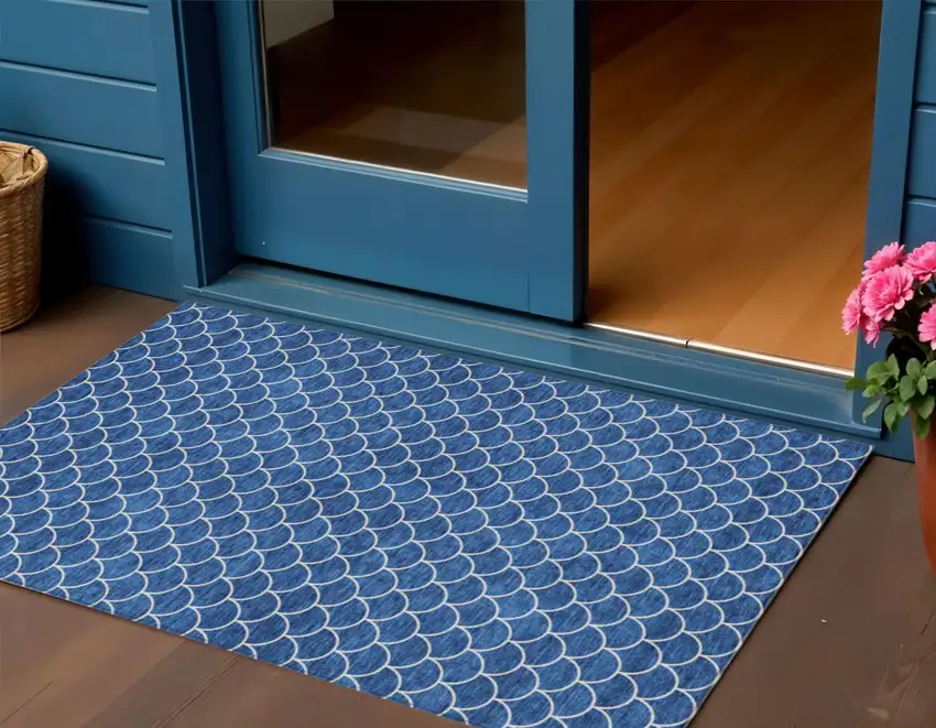 Blue And Ivory Geometric Washable Indoor Outdoor Area Rug Photo 1