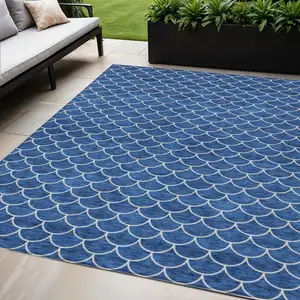 Photo of Blue And Ivory Geometric Washable Indoor Outdoor Area Rug