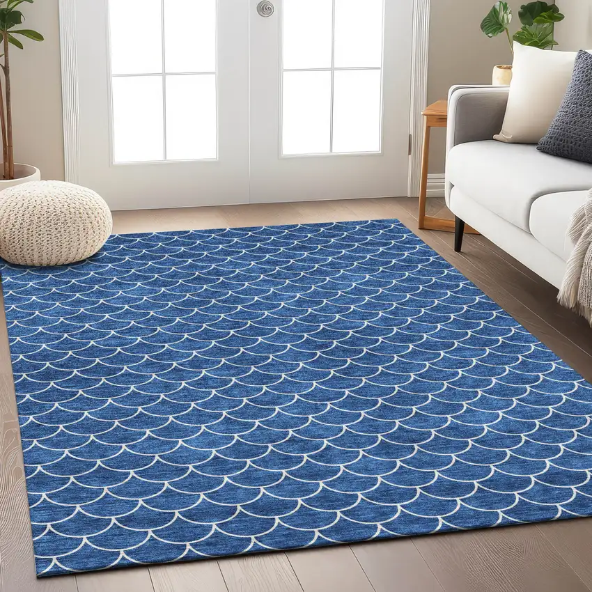 Blue And Ivory Geometric Washable Indoor Outdoor Area Rug Photo 9