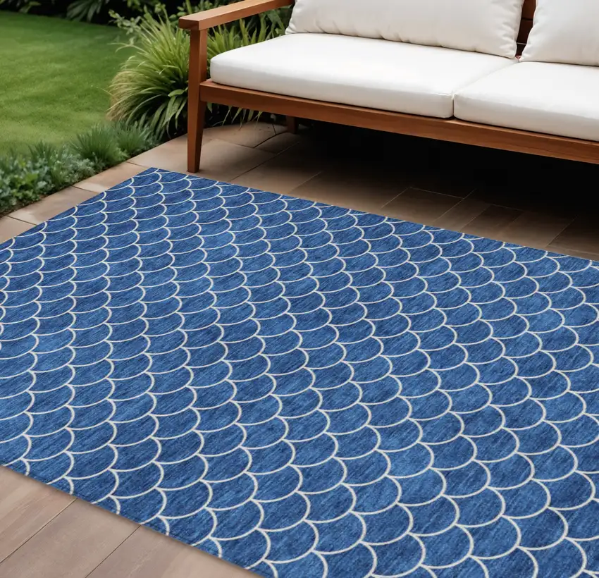 Blue And Ivory Geometric Washable Indoor Outdoor Area Rug Photo 1