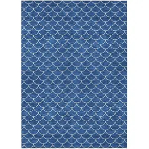 Photo of Blue And Ivory Geometric Washable Indoor Outdoor Area Rug