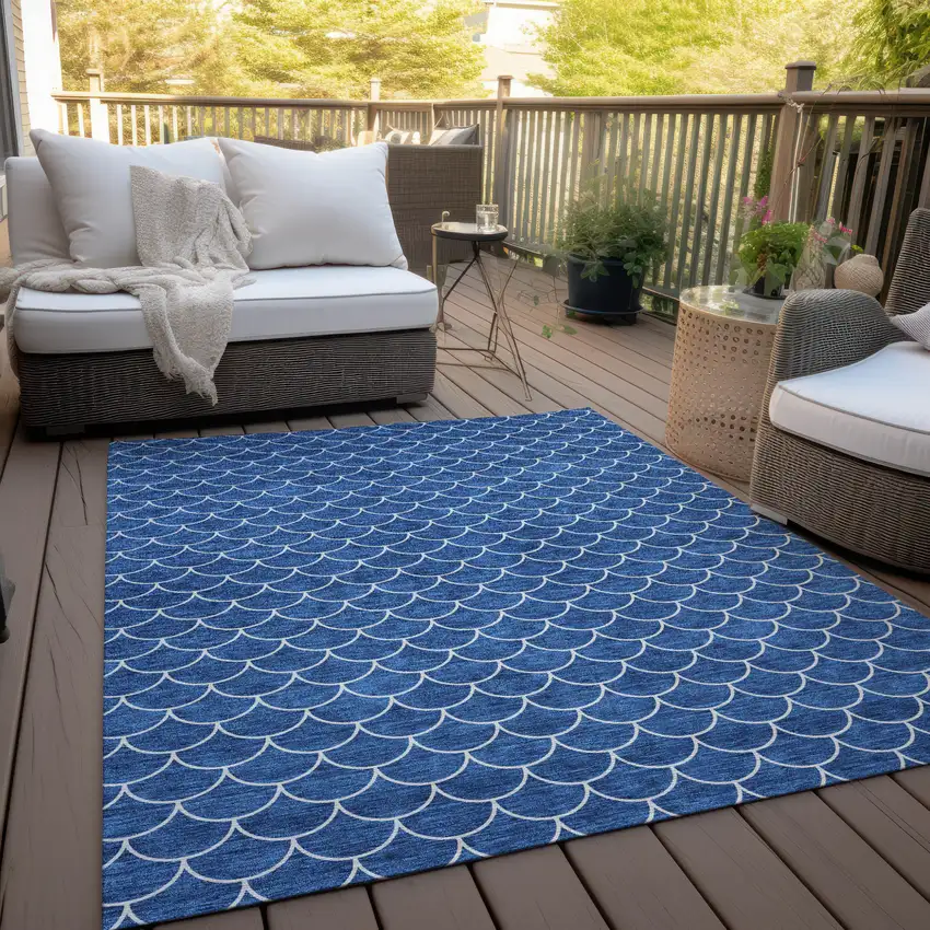 Blue And Ivory Geometric Washable Indoor Outdoor Area Rug Photo 9