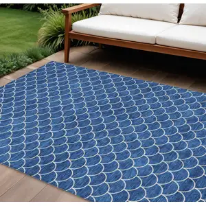 Photo of Blue And Ivory Geometric Washable Indoor Outdoor Area Rug