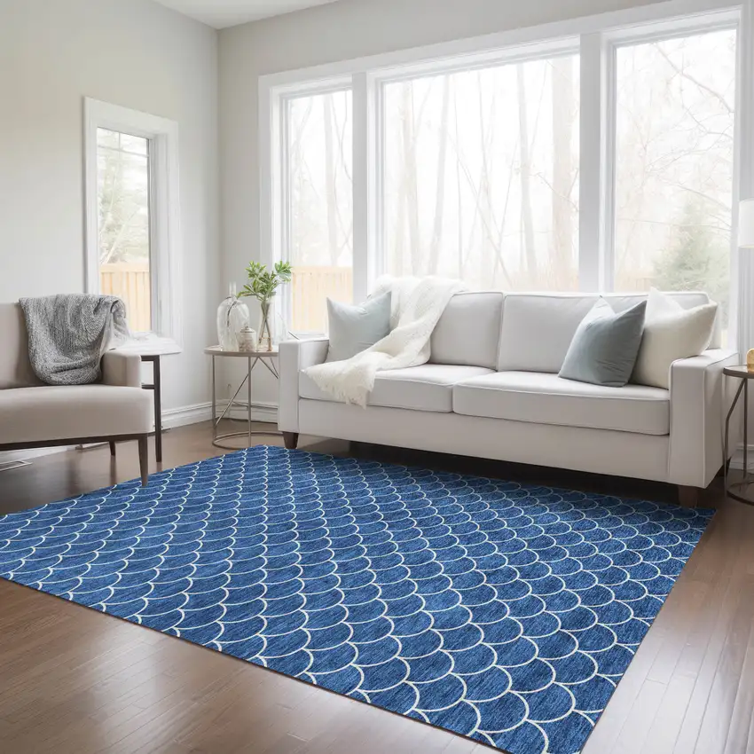Blue And Ivory Geometric Washable Indoor Outdoor Area Rug Photo 9