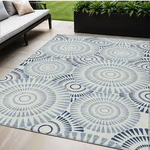 Photo of Blue And Ivory Geometric Washable Indoor Outdoor Area Rug