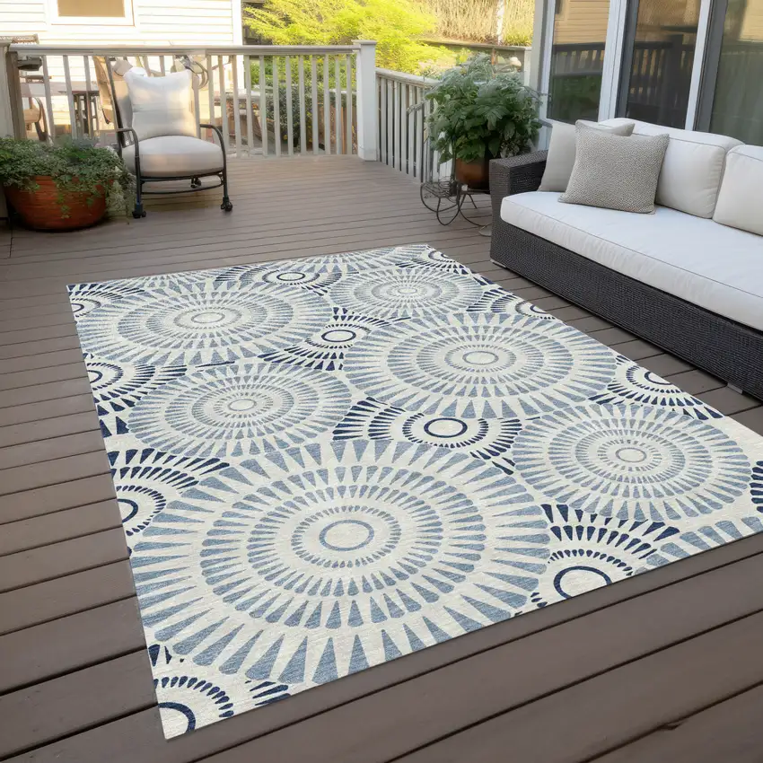 Blue And Ivory Geometric Washable Indoor Outdoor Area Rug Photo 9