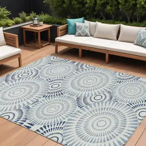 Photo of Blue And Ivory Geometric Washable Indoor Outdoor Area Rug