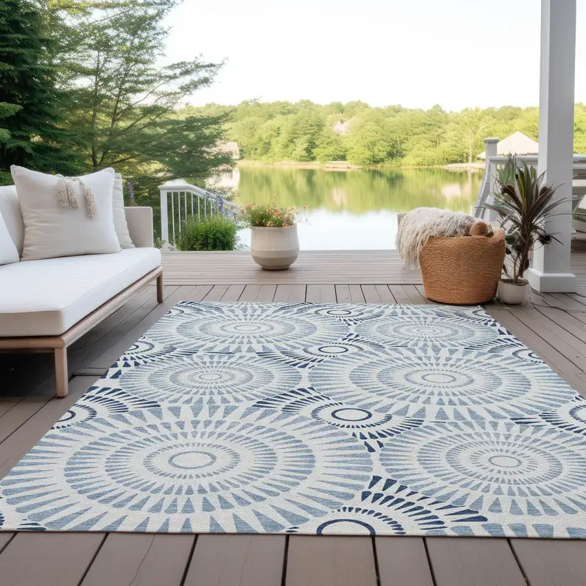 Blue And Ivory Geometric Washable Indoor Outdoor Area Rug Photo 7