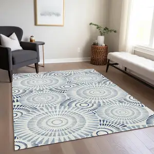 Photo of Blue And Ivory Geometric Washable Indoor Outdoor Area Rug