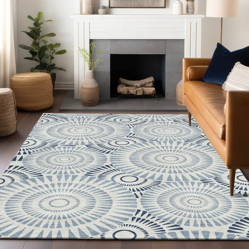 Blue And Ivory Geometric Washable Indoor Outdoor Area Rug Photo 8