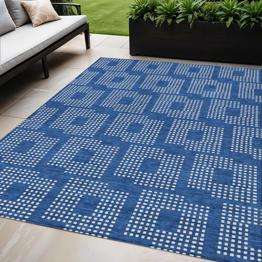 Blue And Ivory Geometric Washable Indoor Outdoor Area Rug Photo 1