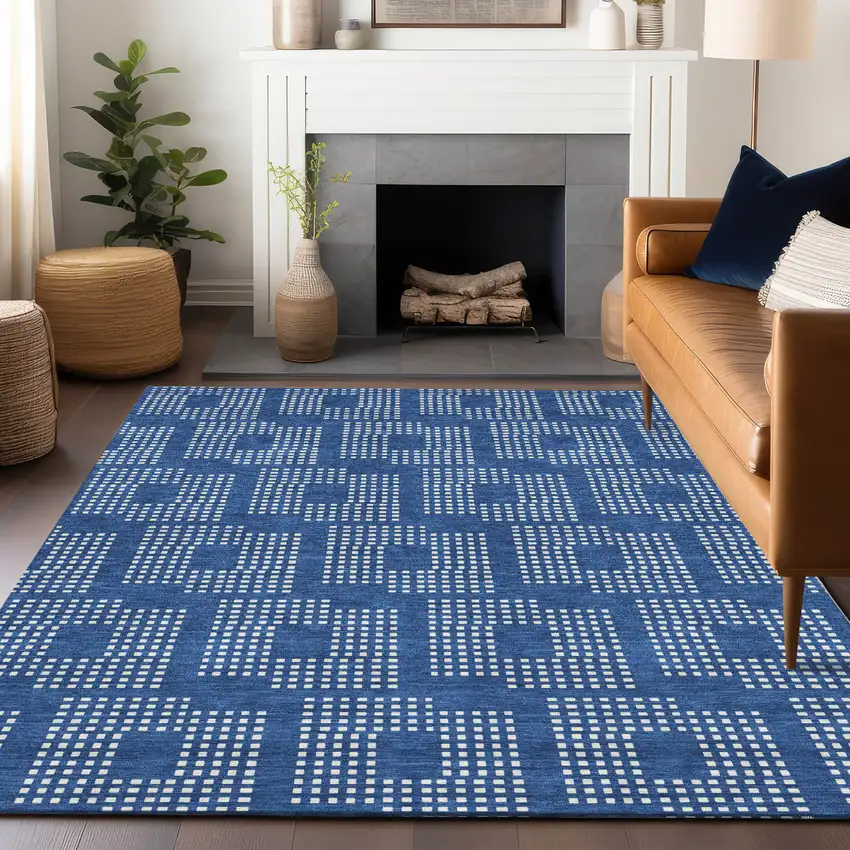 Blue And Ivory Geometric Washable Indoor Outdoor Area Rug Photo 8
