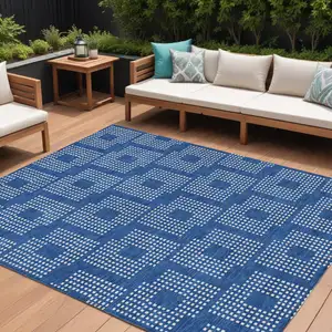 Photo of Blue And Ivory Geometric Washable Indoor Outdoor Area Rug